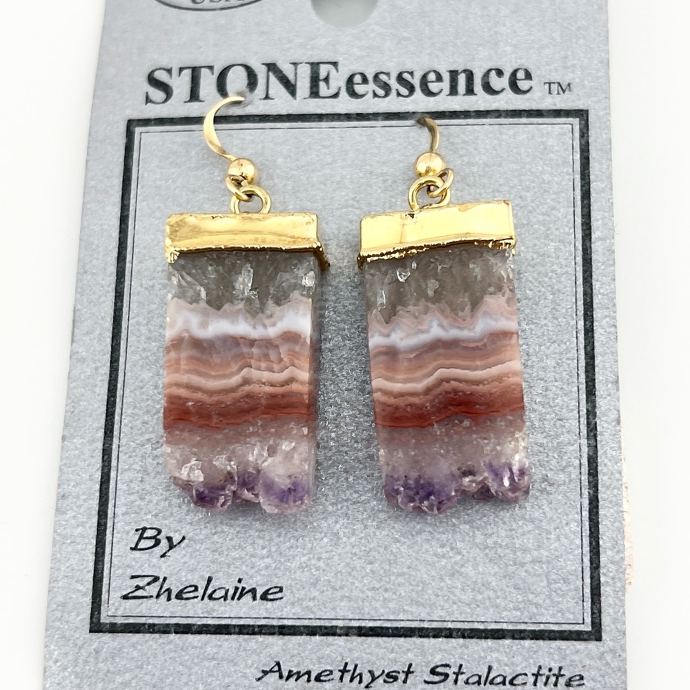 NWT Amethyst Stalactite Dangle Earrings Gold Toned